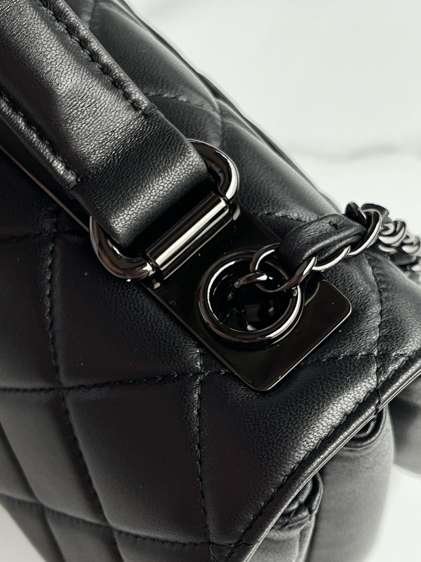 Ch*el flap bag with top handle black 6.6 × 9.8 × 4.7 in