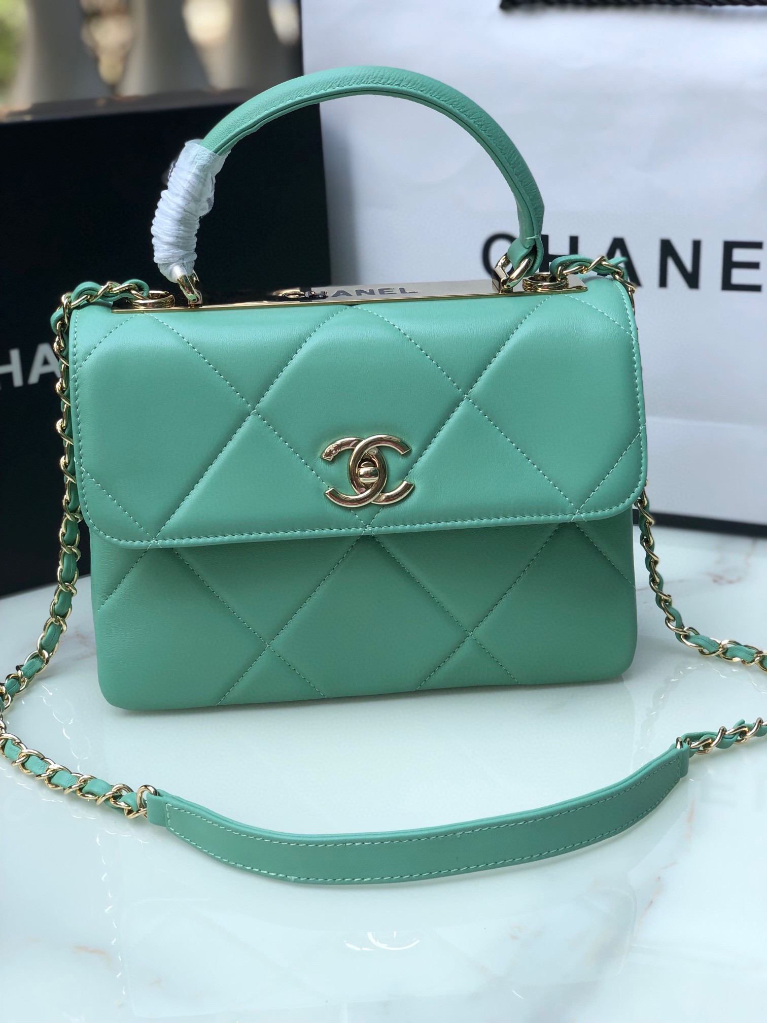 Ch*el flap bag with top handle blue 6.6 × 9.8 × 4.7 in