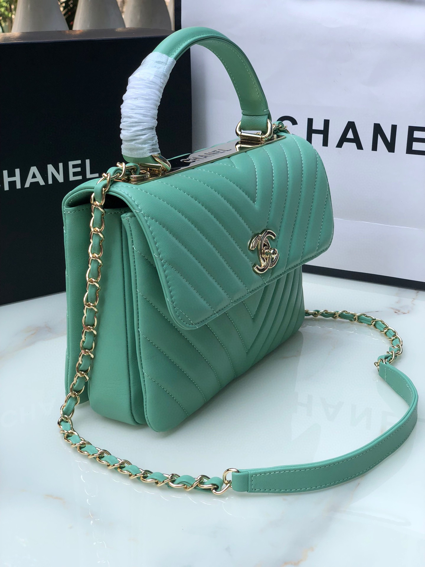Ch*el flap bag with top handle blue silver 6.6 × 9.8 × 4.7 in