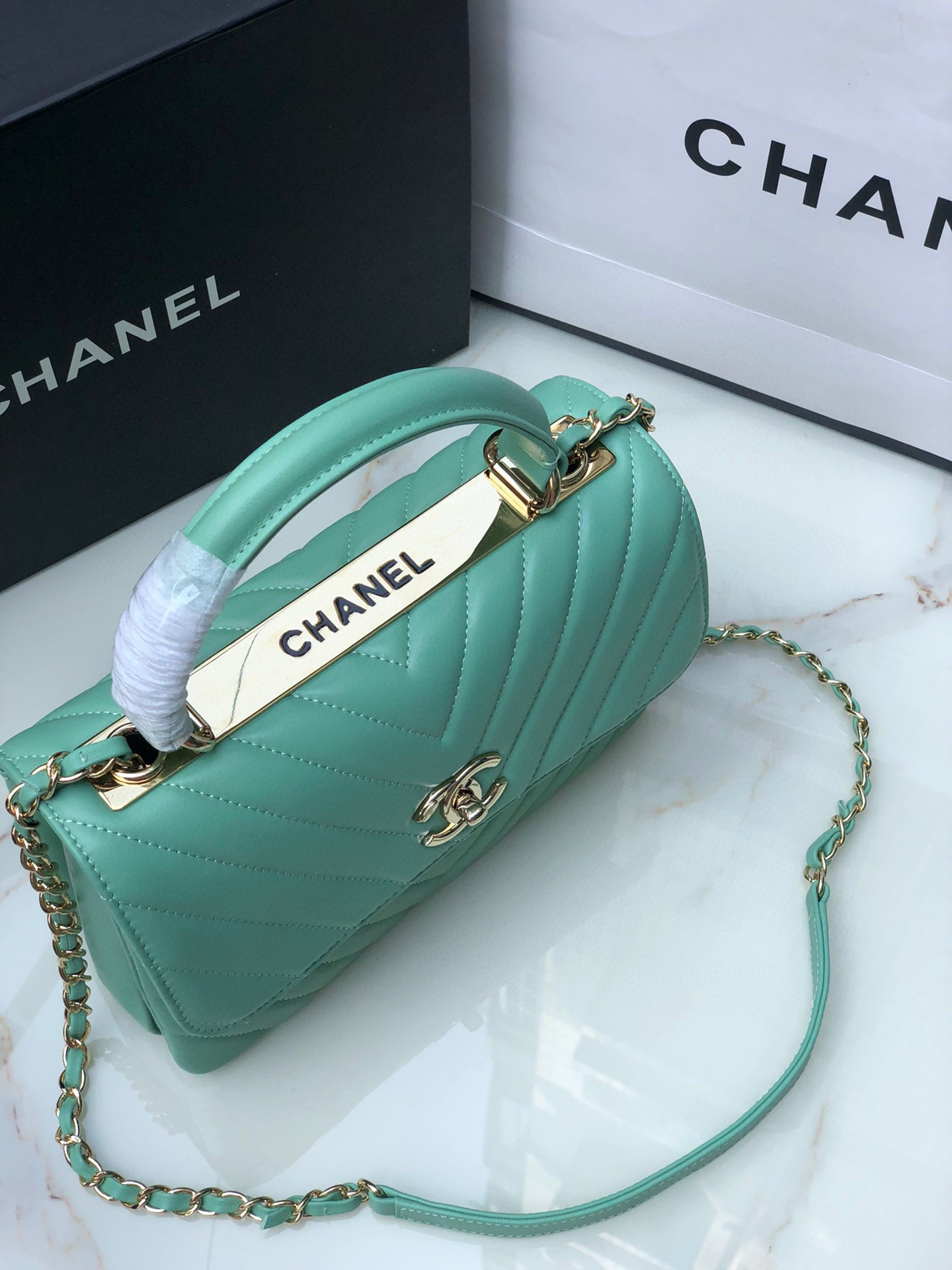 Ch*el flap bag with top handle blue silver 6.6 × 9.8 × 4.7 in