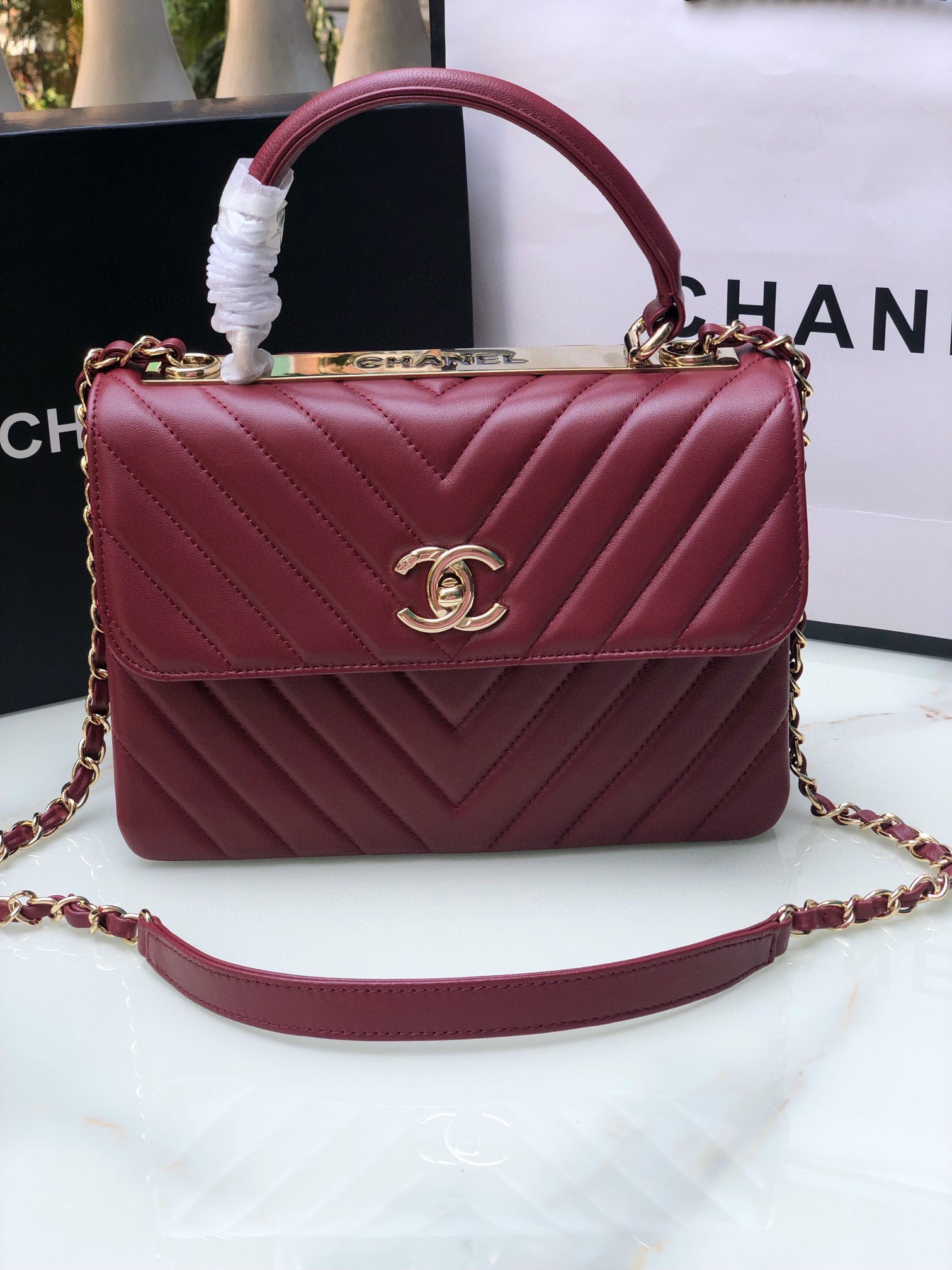 Ch*el flap bag with top handle red 6.6 × 9.8 × 4.7 in