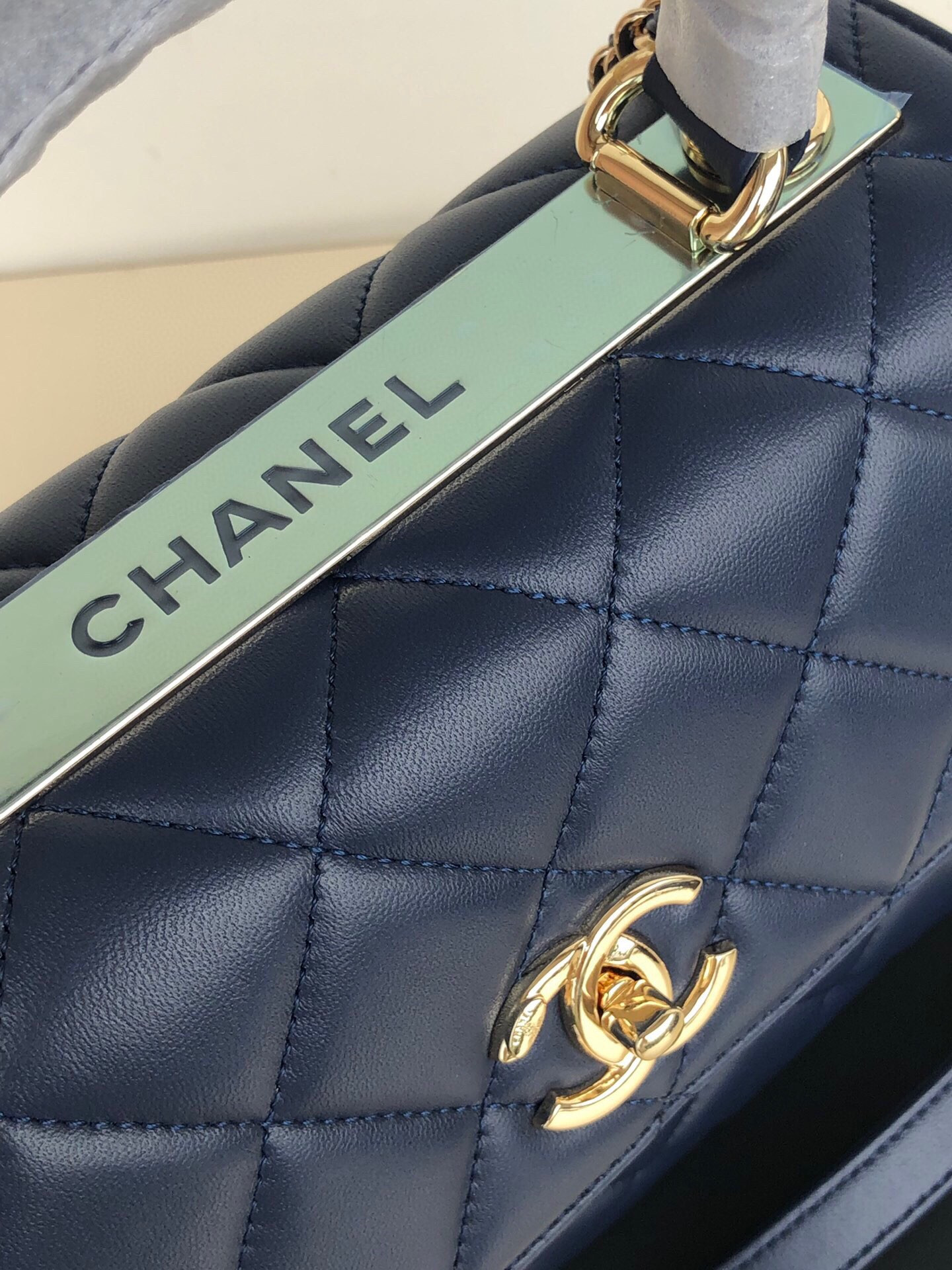 Ch*el flap bag with top handle 6.6 × 9.8 × 4.7 in
