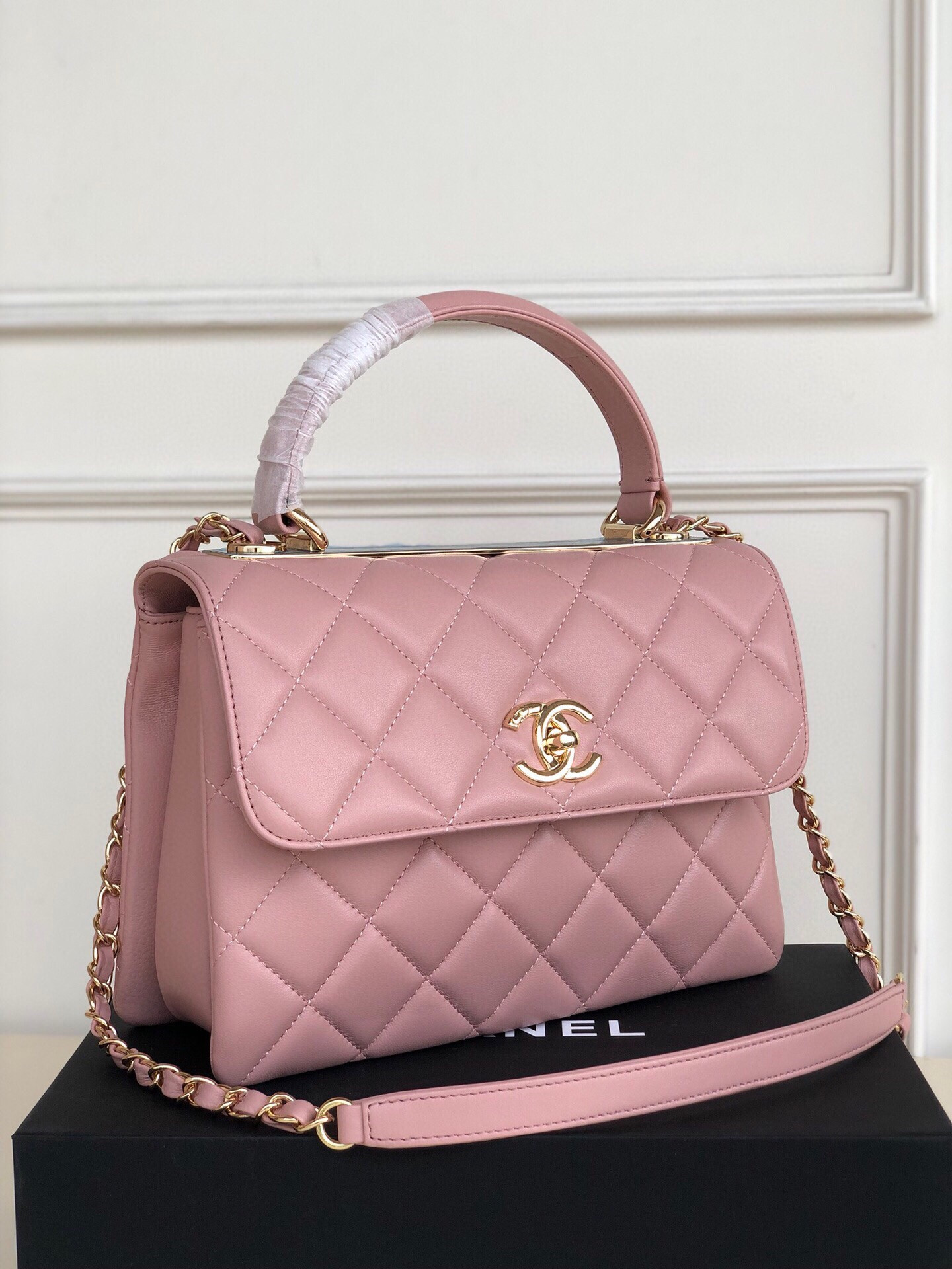 Ch*el flap bag with top handle 6.6 × 9.8 × 4.7 in