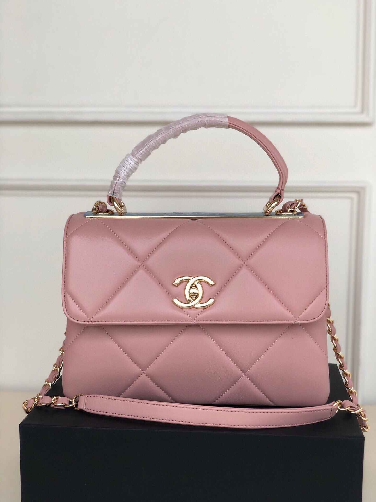 Ch*el flap bag with top handle 6.6 × 9.8 × 4.7 in
