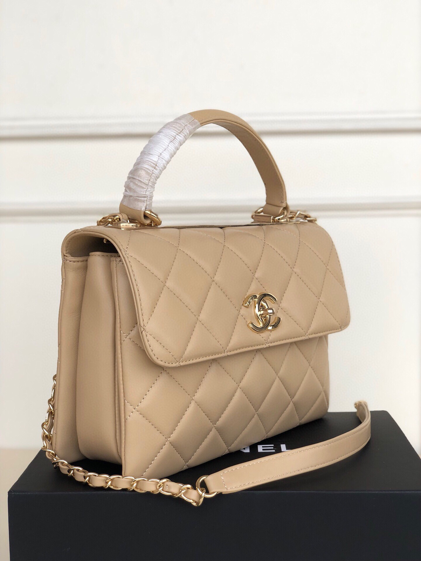 Ch*el flap bag with top handle 6.6 × 9.8 × 4.7 in