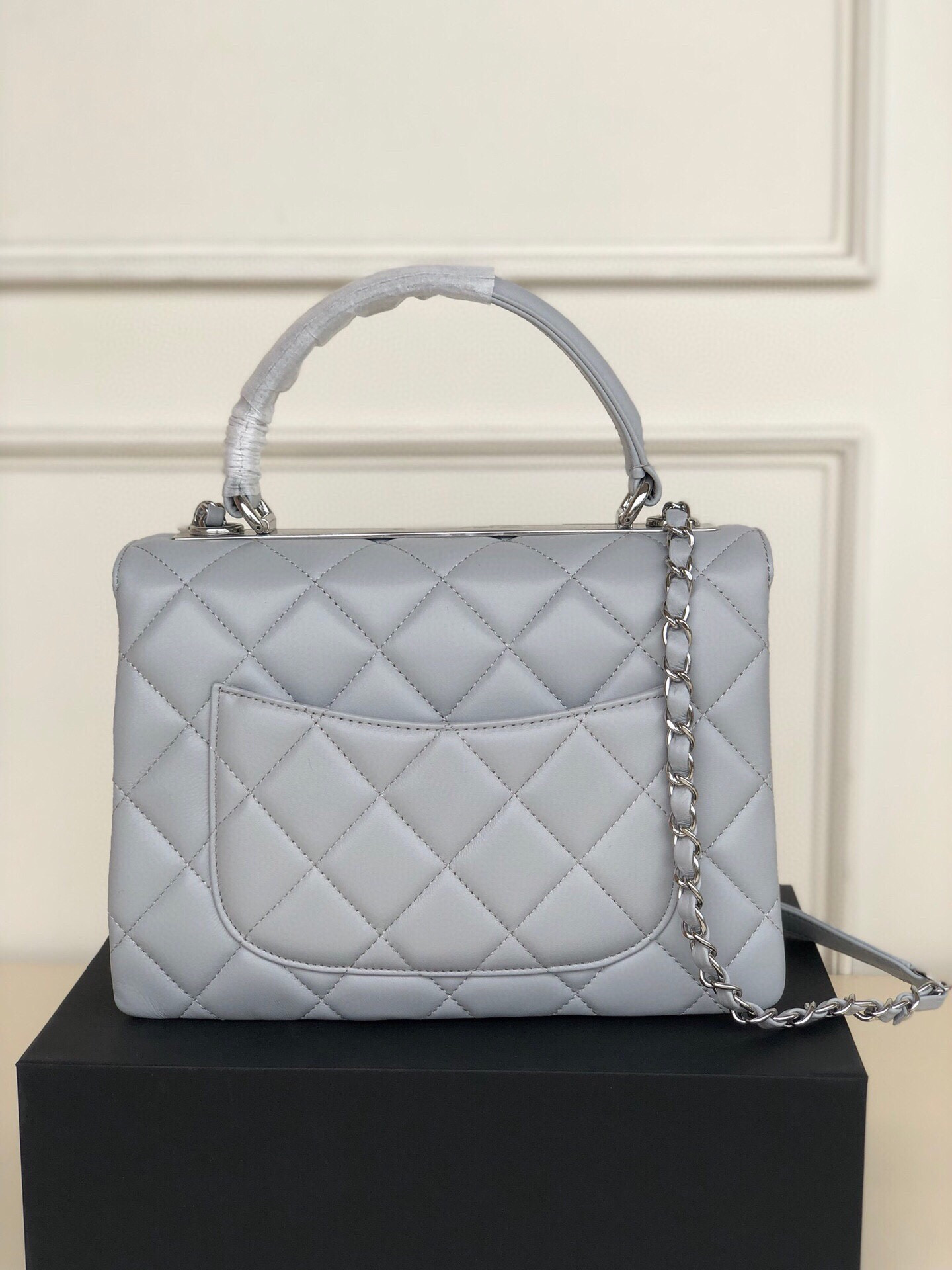 Ch*el flap bag with top handle 6.6 × 9.8 × 4.7 in