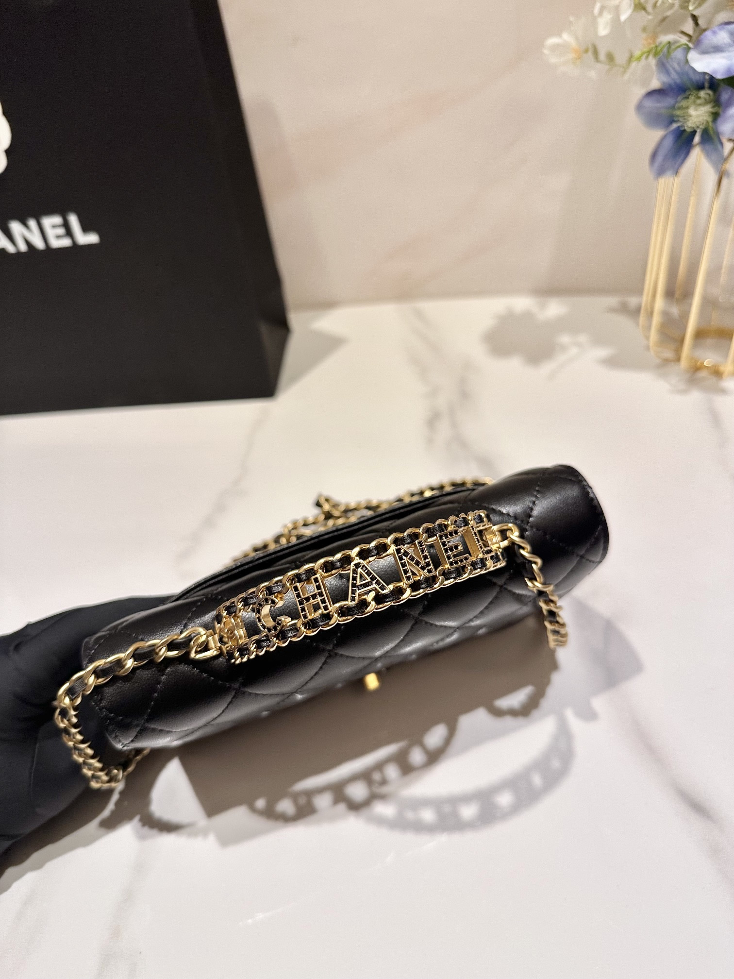 Ch*el classic wallet on chain rhinestone handle 4.8 × 7.5 × 1.4 in