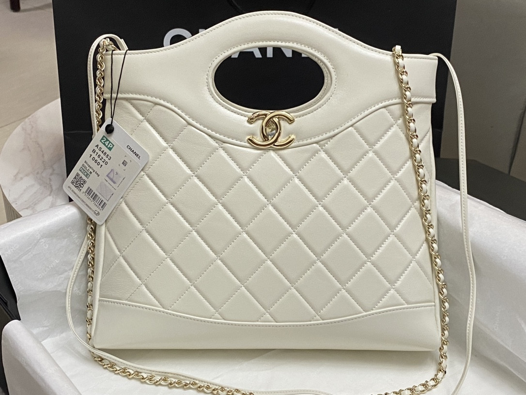 Ch*el shopping bag shiny lambskin & gold-tone metal 11.7 × 11.3 × 3.5 in