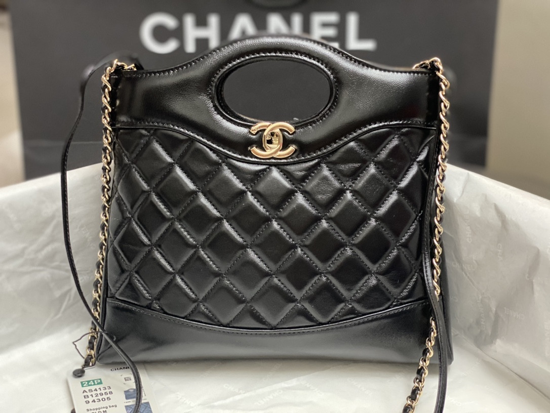 Ch*el mini shopping bag shiny lambskin & gold-tone metal black 22x23x5.5cm