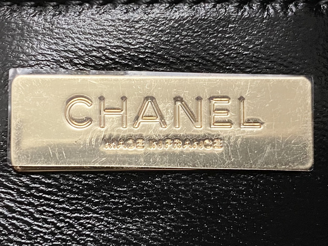 Ch*el mini shopping bag shiny lambskin & gold-tone metal black 22x23x5.5cm