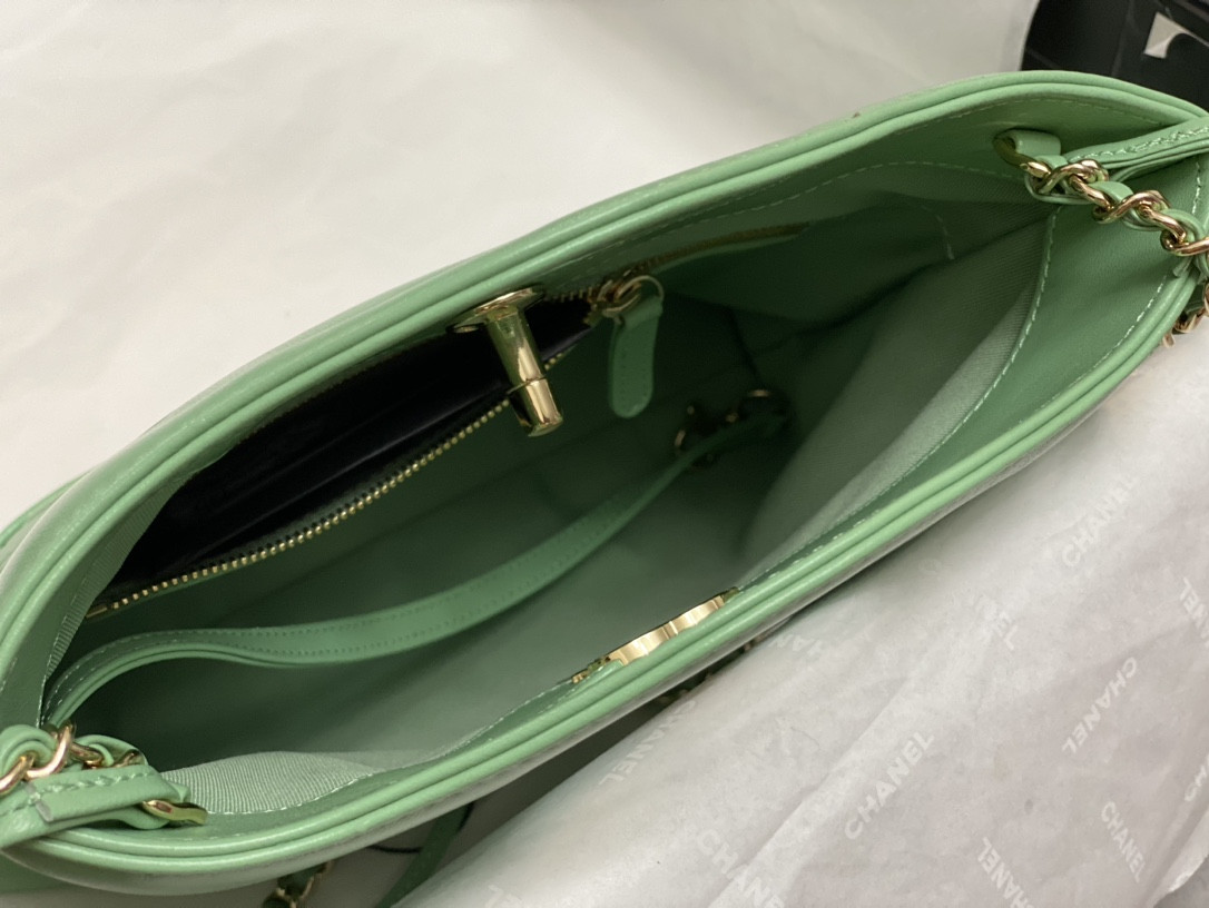 Ch*el mini shopping bag shiny lambskin & gold-tone metal light green 22x23x5.5cm