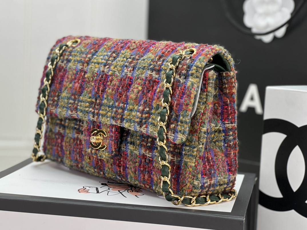 Ch*el classic 11.12 handbag tweed & gold-tone metal   6 × 9.9 × 2.5 in
