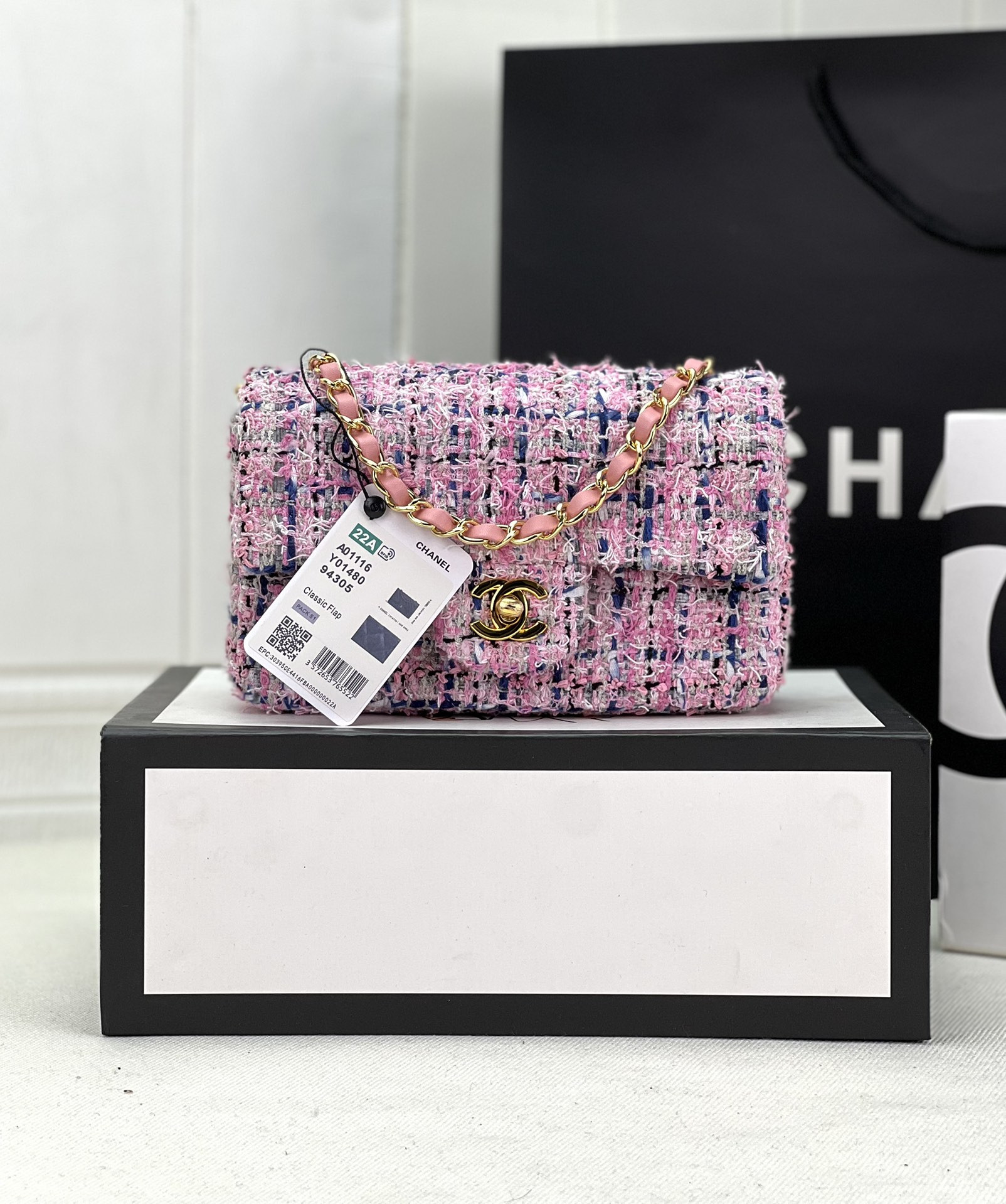 Ch*el mini classic 11.12 handbag tweed & gold-tone metal 4.7 × 7.8 × 2.3 in