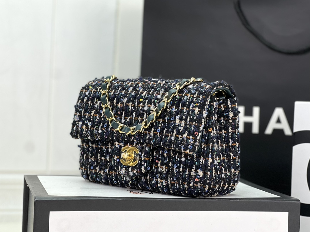 Ch*el mini classic 11.12 handbag tweed & gold-tone metal 4.7 × 7.8 × 2.3 in