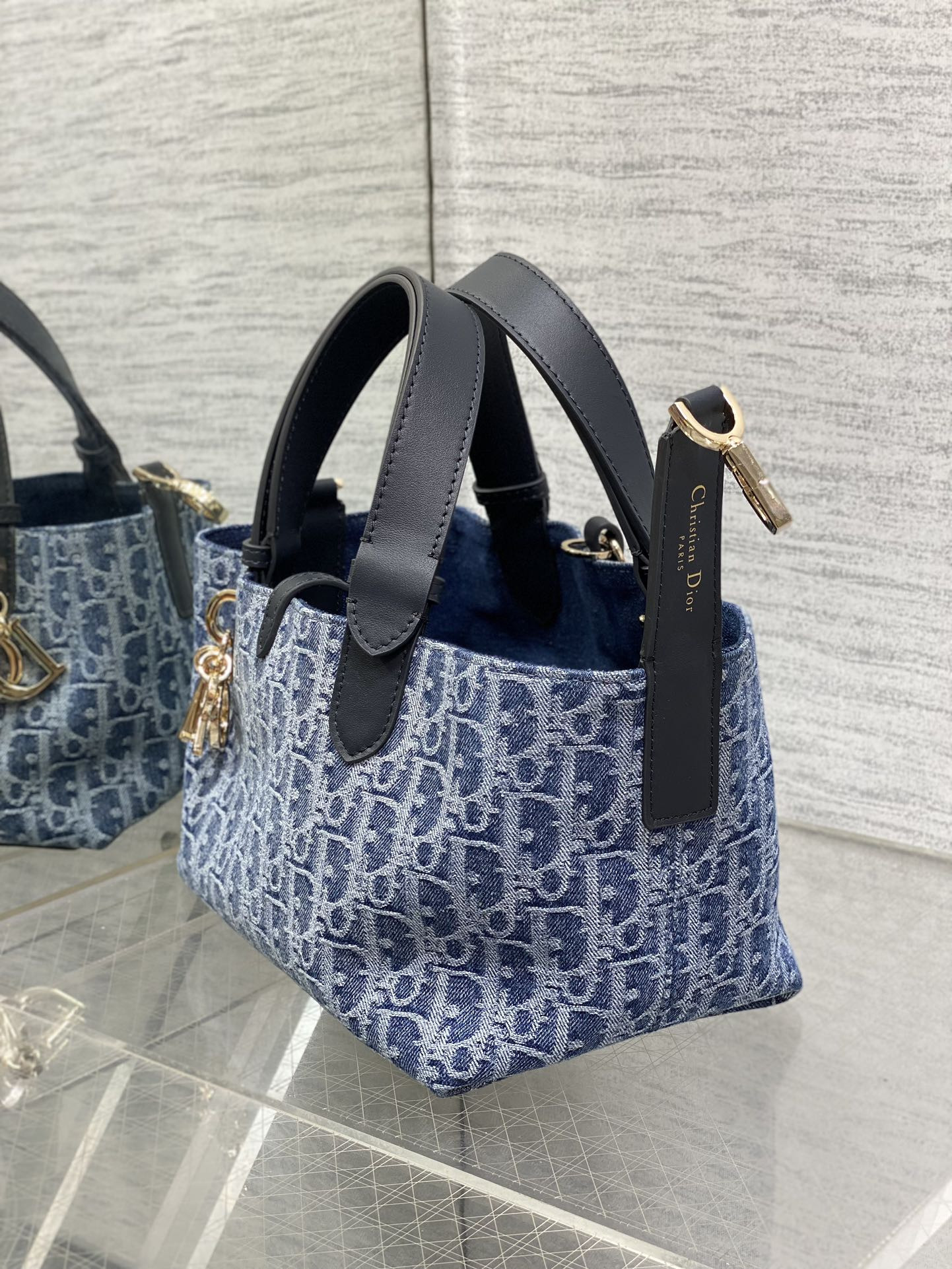 small D*or toujours bag  blue denim D*or oblique jacquard 23 x15 x15cm