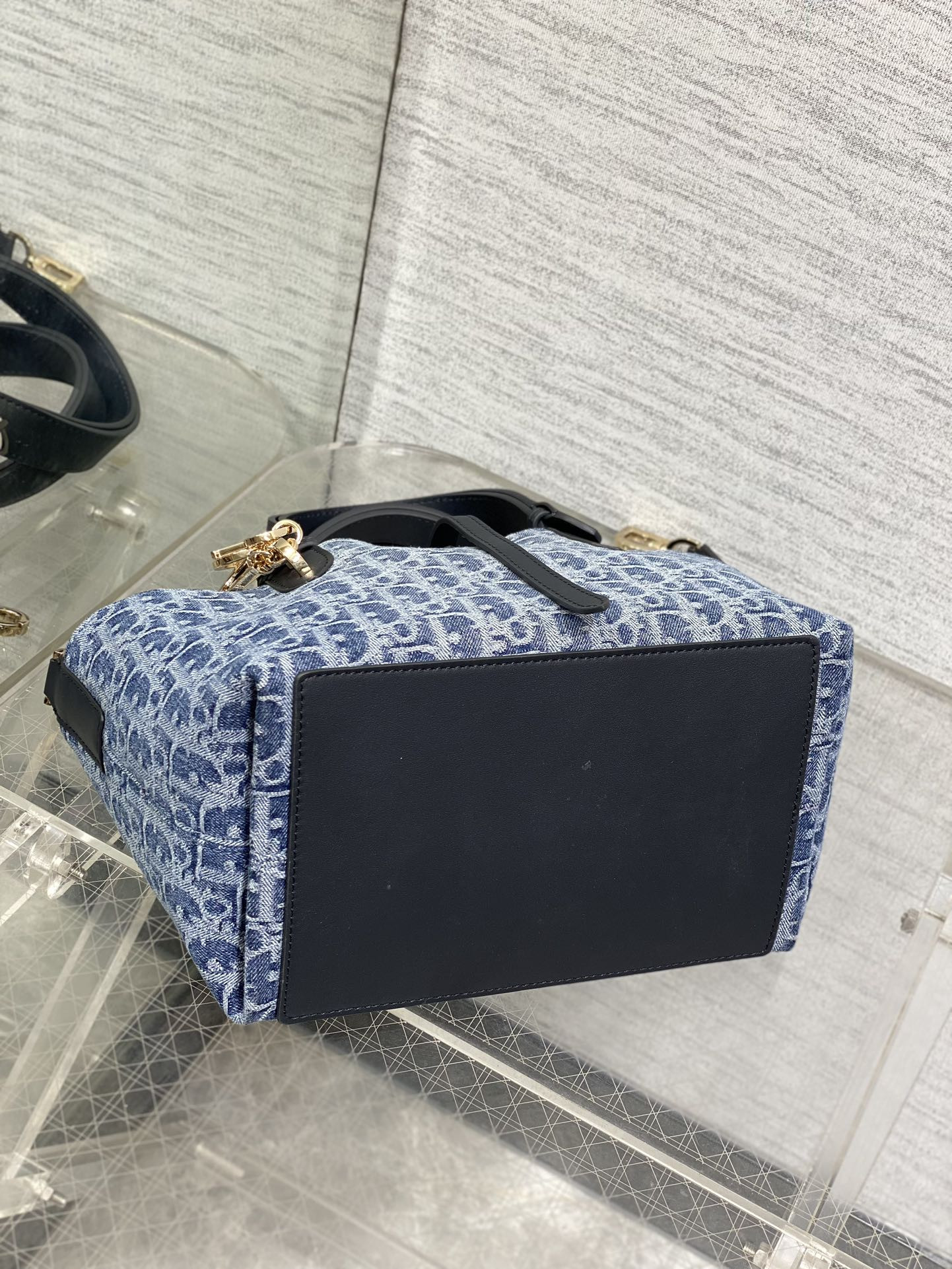 small D*or toujours bag  blue denim D*or oblique jacquard 23 x15 x15cm