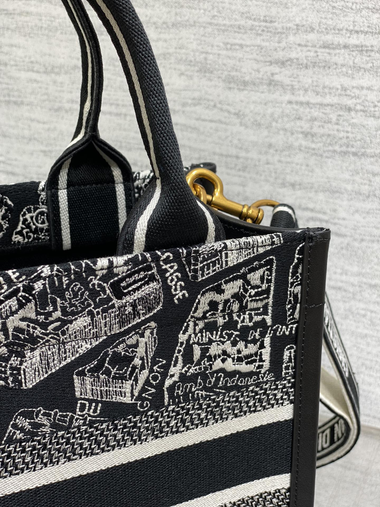 D*or small D*or book tote white and black plan de paris embroidery and black calfskin 26.5 x 21 x 14 cm