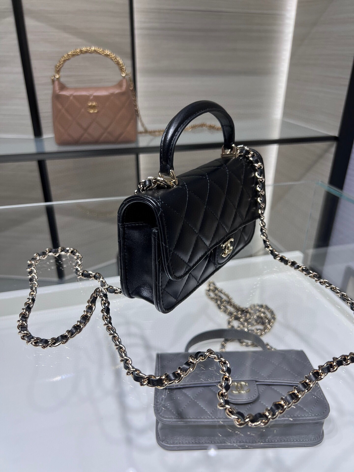 CHANEL Classic Handbag With Top Handle Light gold buckle 17x9x3cm