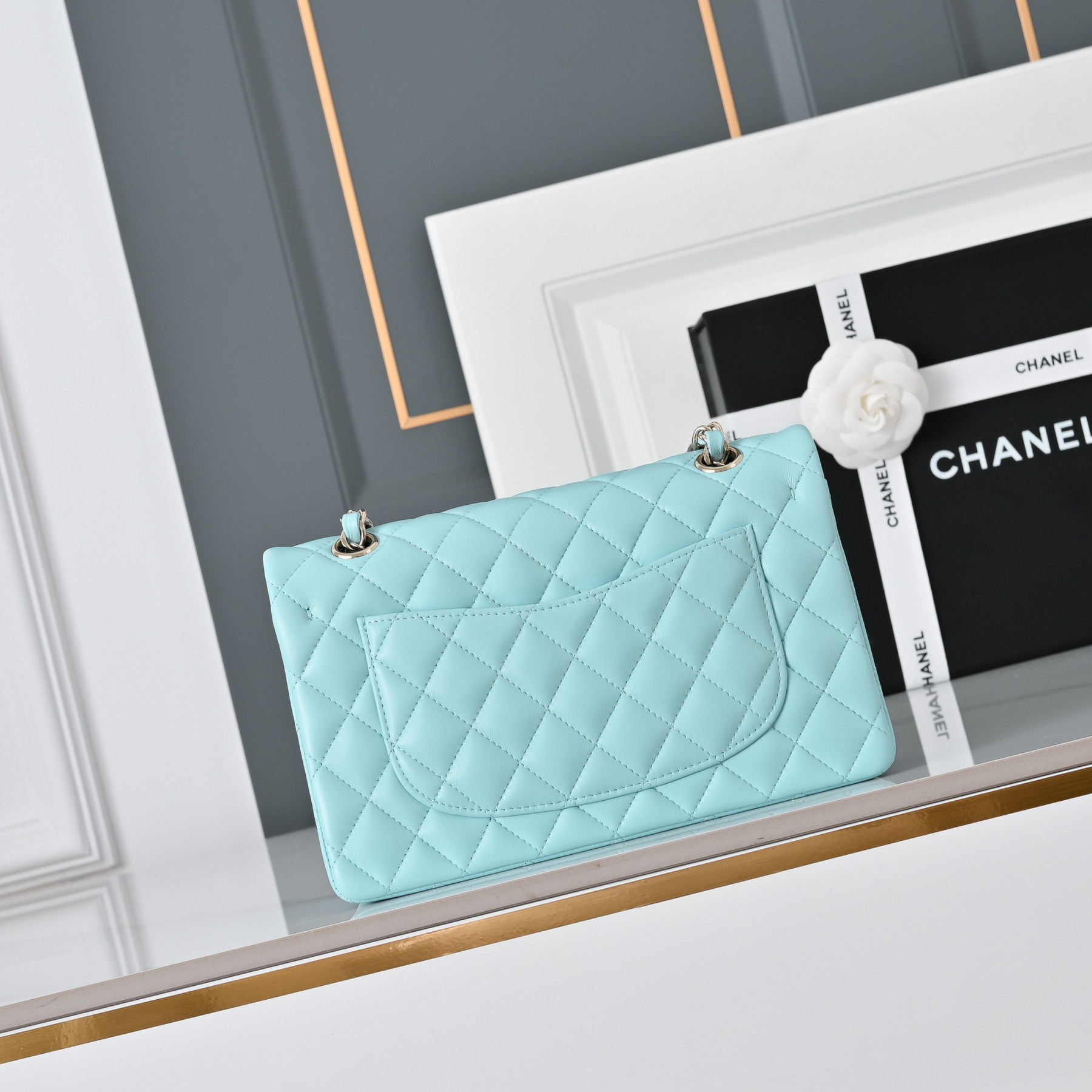 Chanel Classic Flap handbag Sky blue lambskin with light gold hardware A01113 23x14.5x6cm