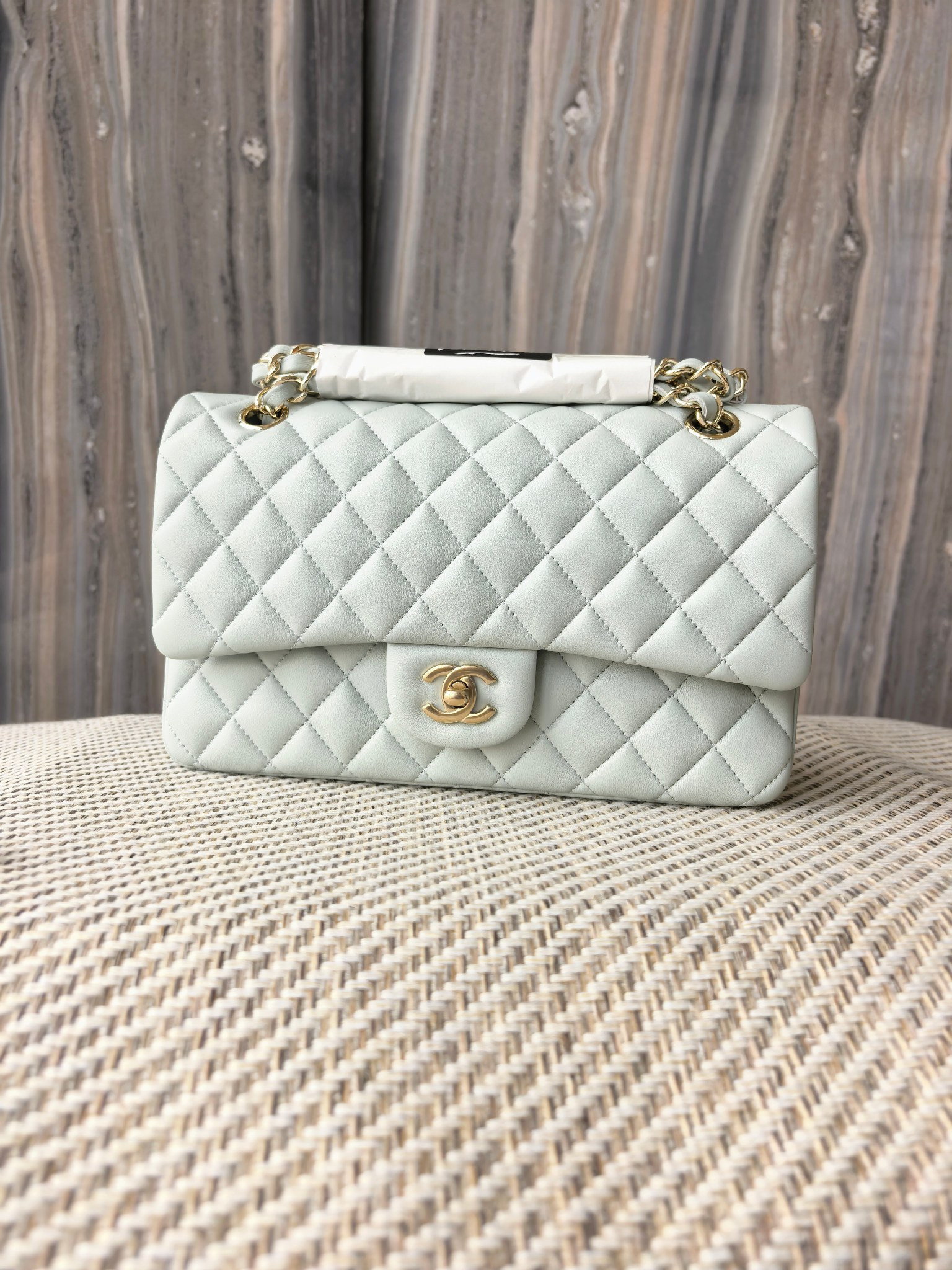 Ch**el classic flap bag light blue with light gold hardware 15.5x25.5x6.5cm