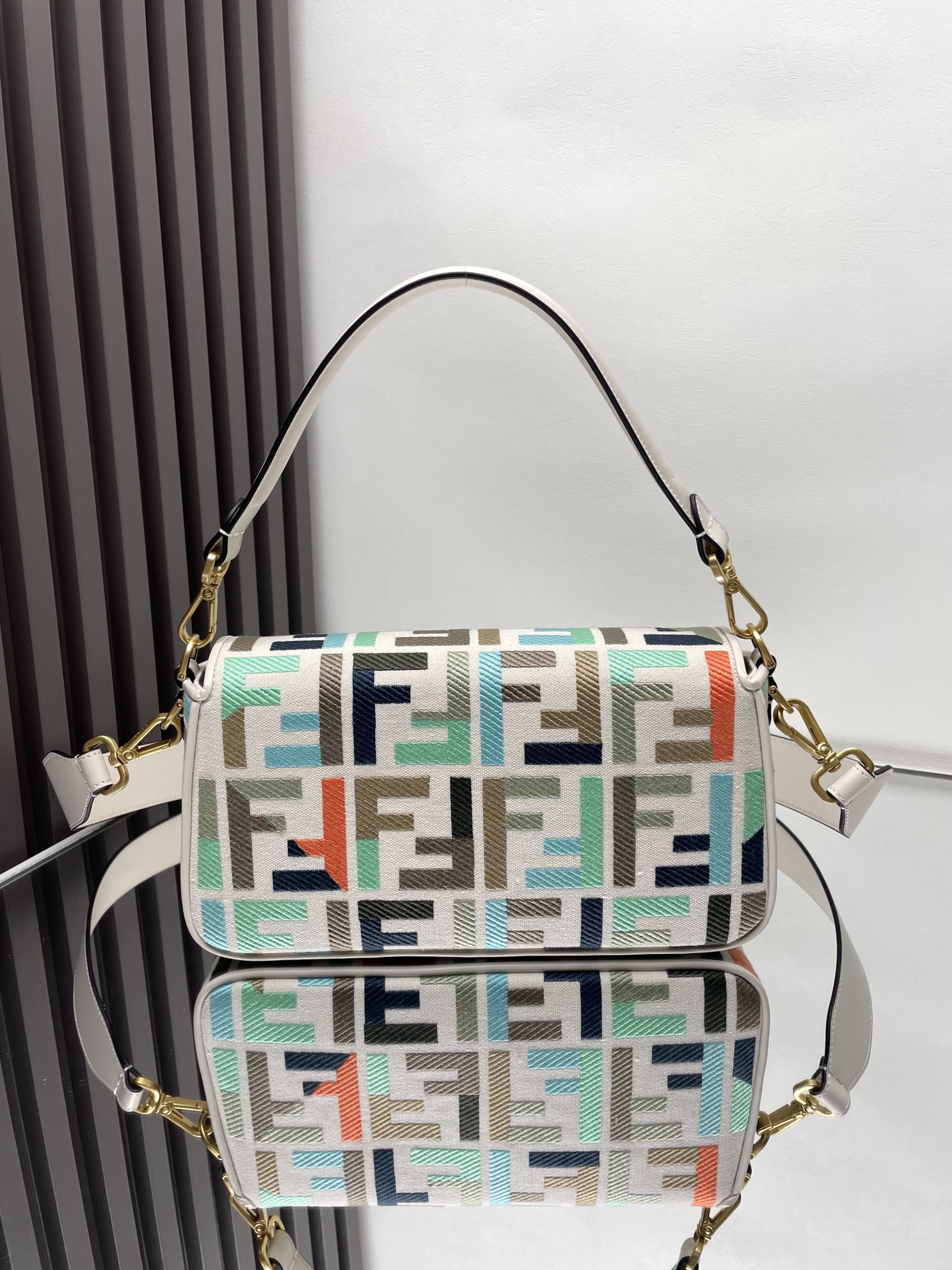 F**di Baguette Multicoloured Canvas Bag With FF Embroidery 15x6x27cm