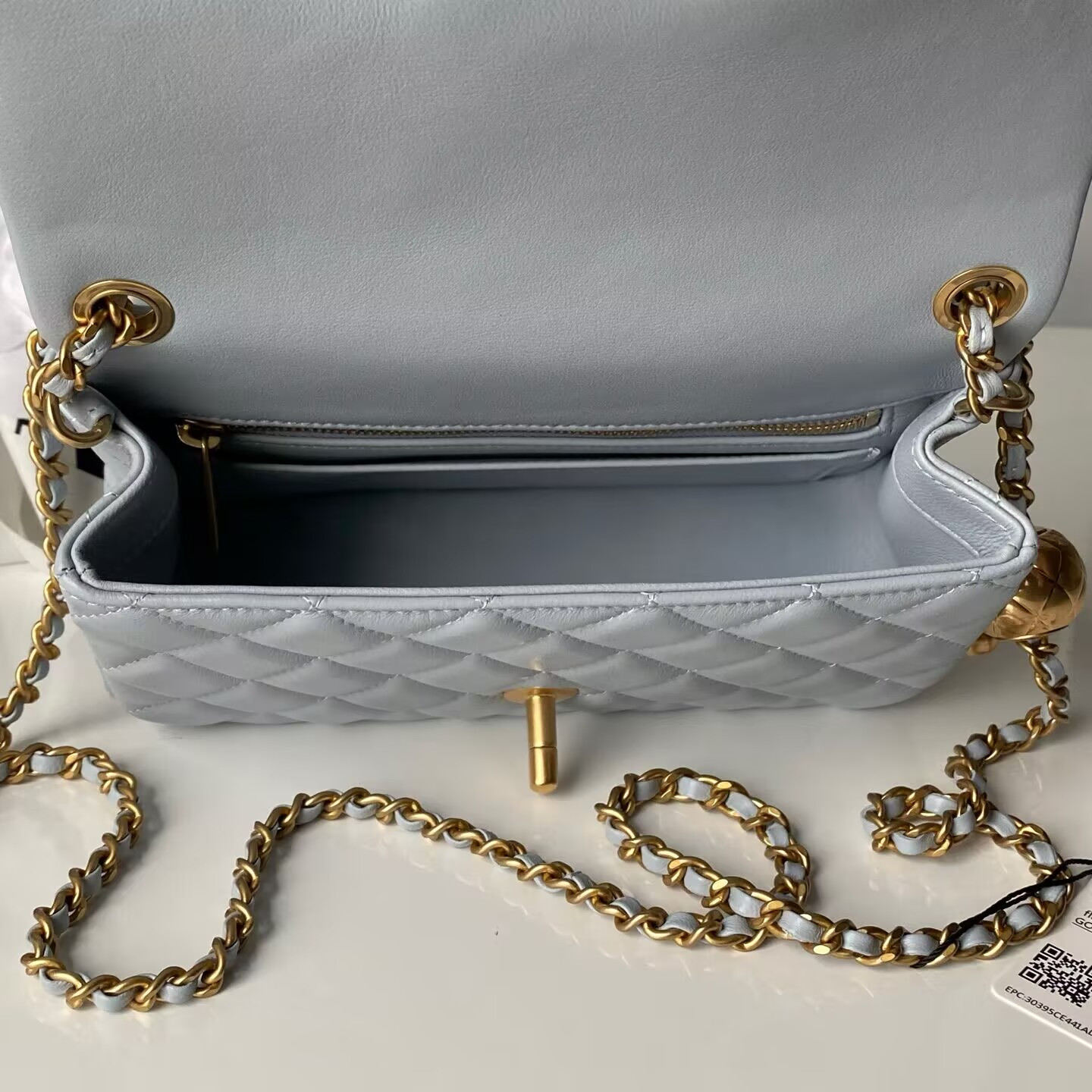 Ch**el MINI FLAP BAG SHINY CALFSKIN & gold-TONE METAL gray 4.7 × 7.8 × 2.3 in