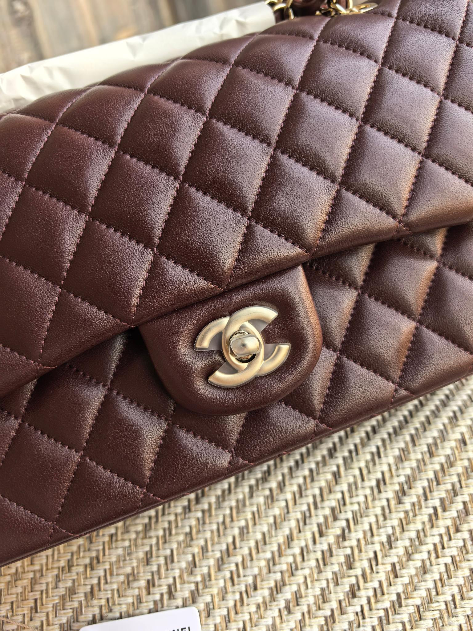 Chanel Classic Flap Bag Chocolate brown with light gold hardware 15.5x25.5x6.5cm