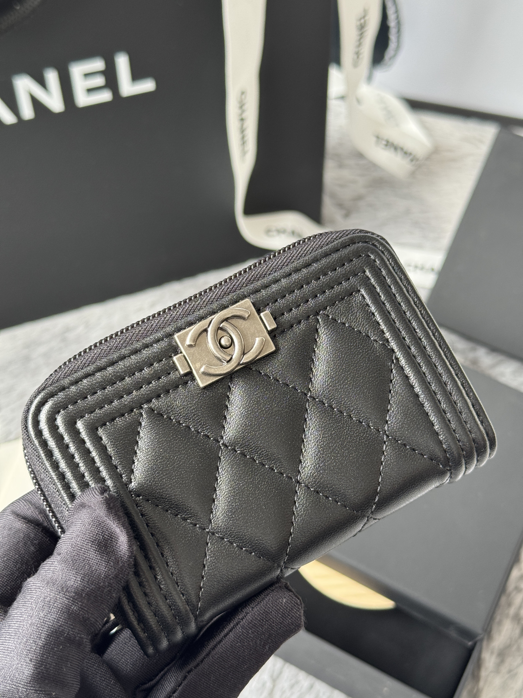 Chanel Boy Zip Around Coin Purse Wallet A80602 7.5x11cm