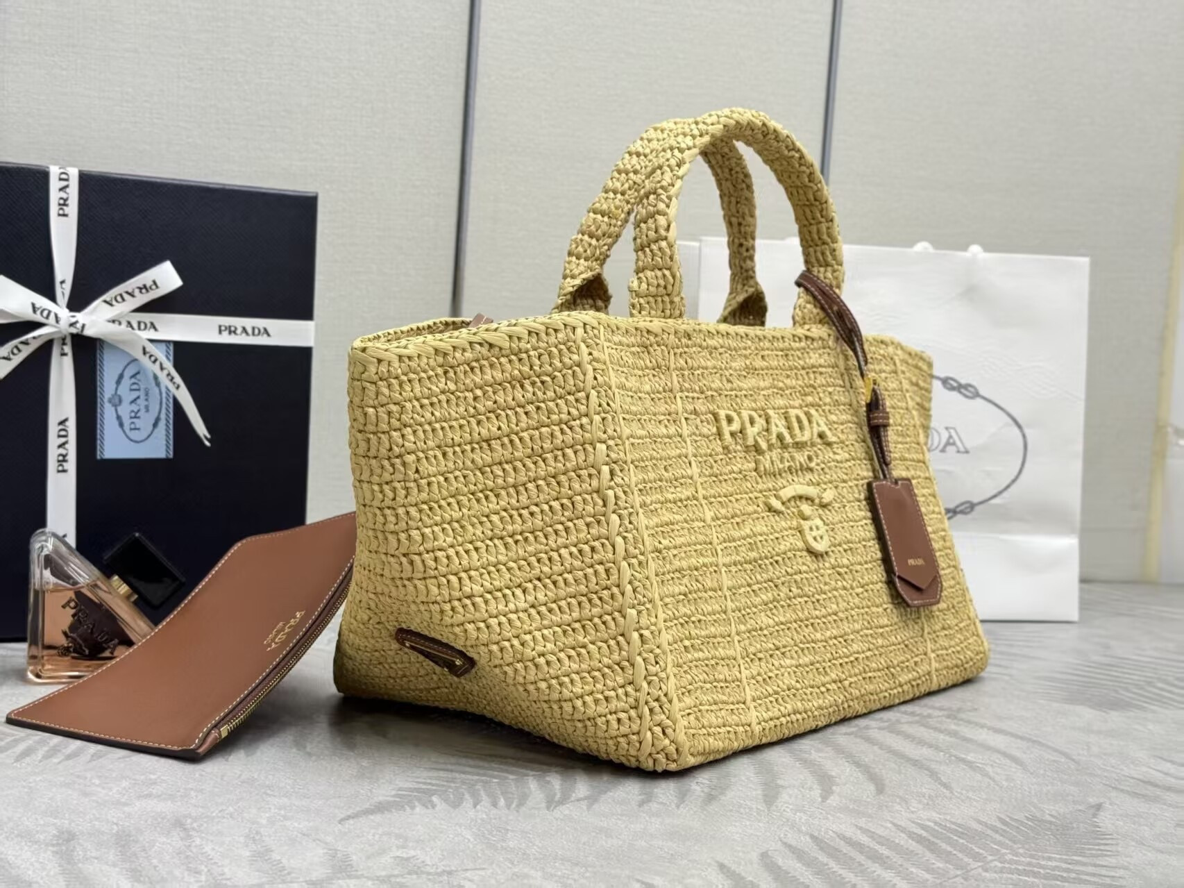 Pra*a large crochet tote bag with leather details without box 23.5x35x22cm