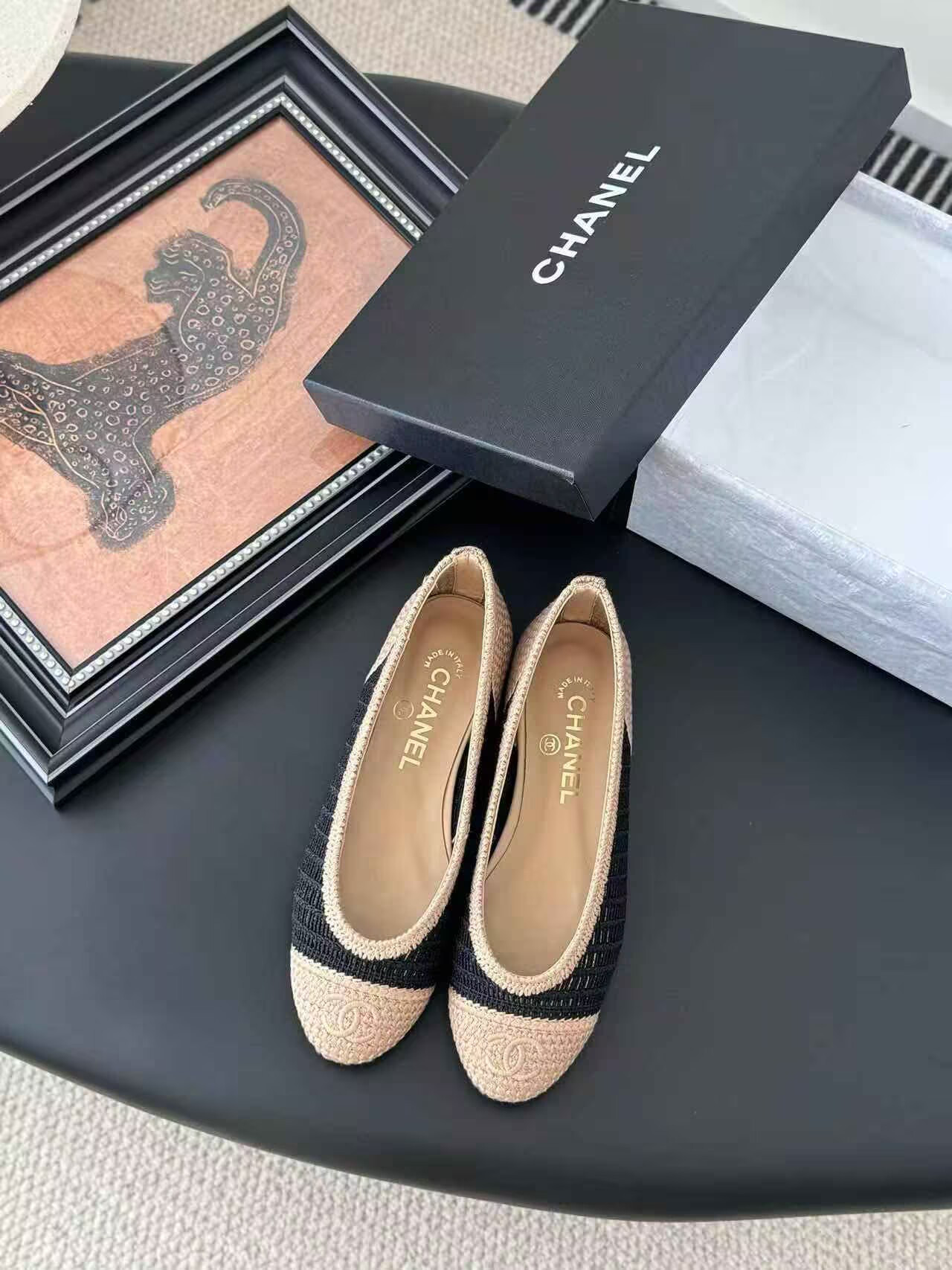 UA Ch**el Raffia Cap Toe Ballet Flats