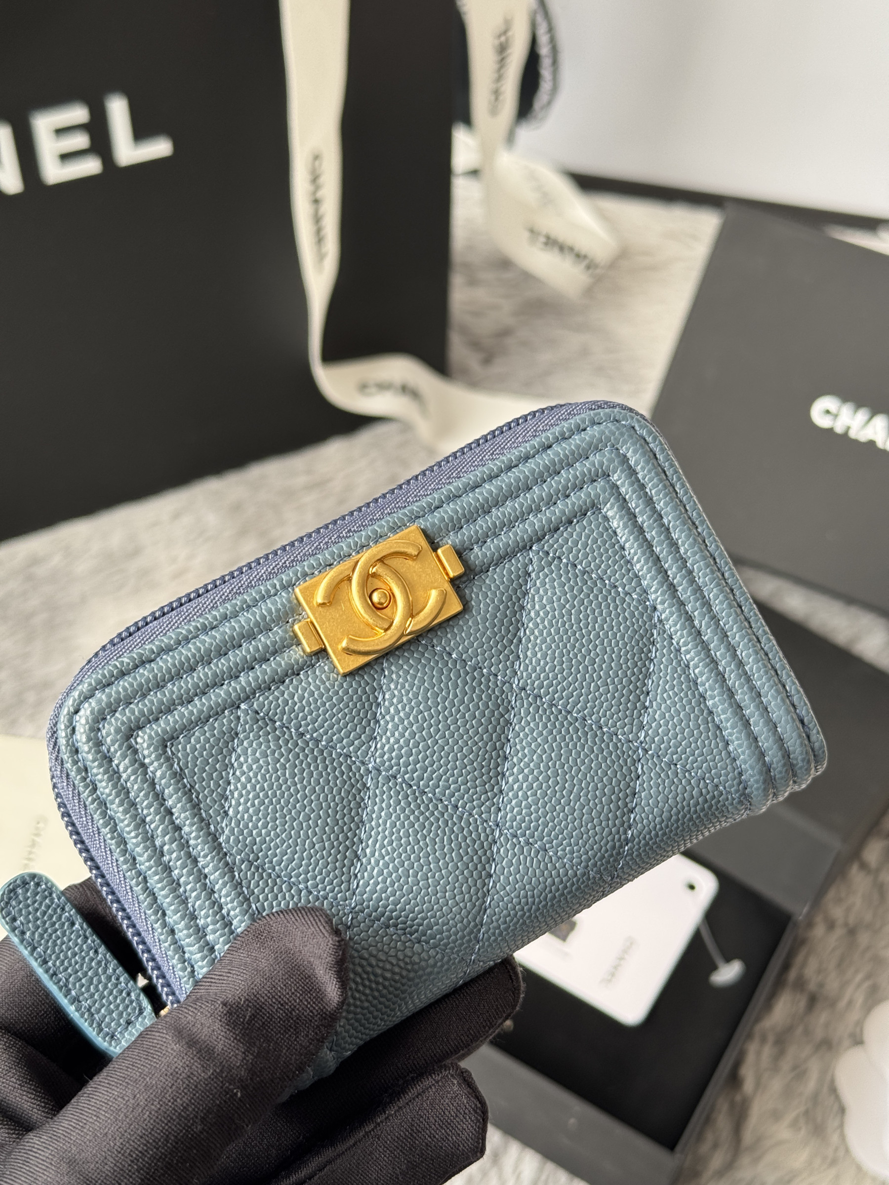 Chanel Boy Zip Around Coin Purse Wallet A80602 7.5x11cm