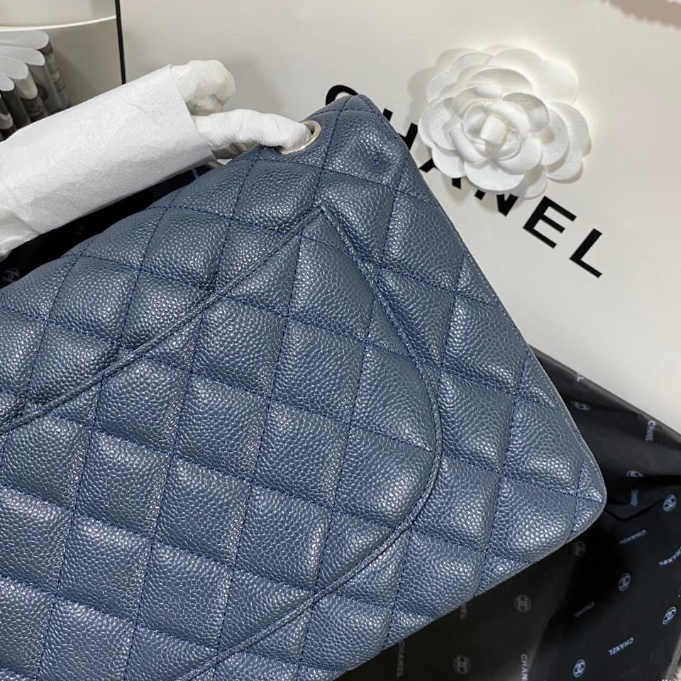 Ch**el Classic Flap Jumbo 30cm CF Blue Silver  7.6 × 11.7 × 3.9 in