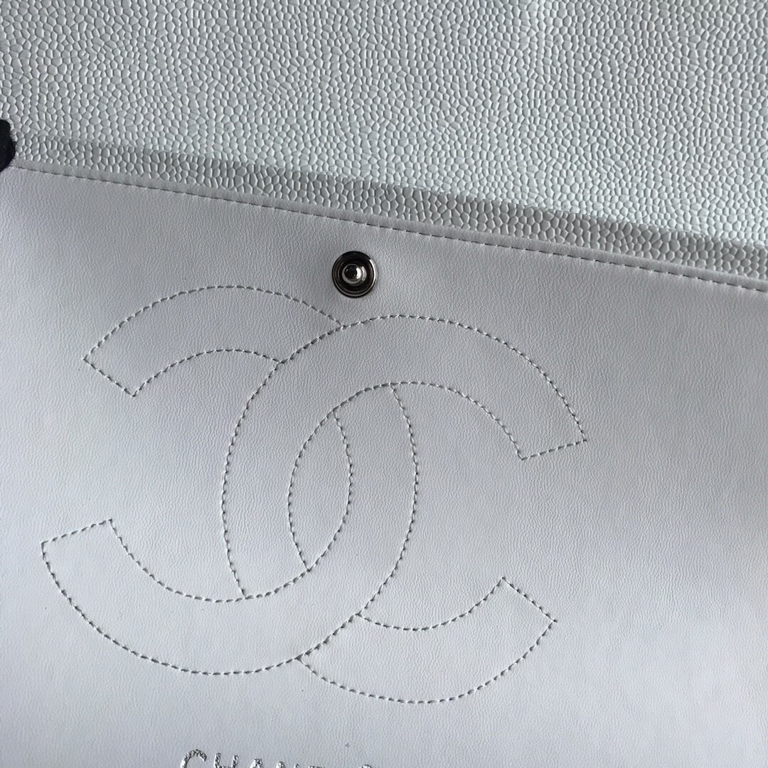 Ch**el Classic Flap Jumbo 30cm CF White Silver 7.6 × 11.7 × 3.9 in