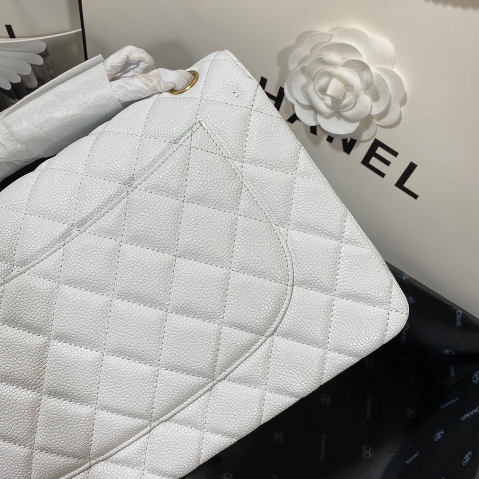Ch**el Classic Flap Jumbo 30cm CF White Gold 7.6 × 11.7 × 3.9 in