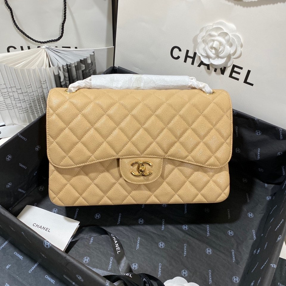 Ch**el Classic Flap Jumbo 30cm CF Khaki Gold 7.6 × 11.7 × 3.9 in
