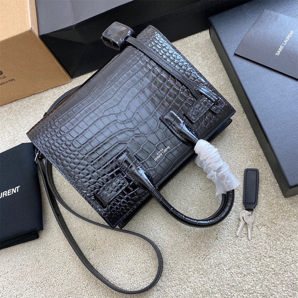 Y51 SAC DE JOUR NANO IN CROCODILE EMBOSSED LEATHER BLACK 8.6 X 6.8 X 3.5 INCHES