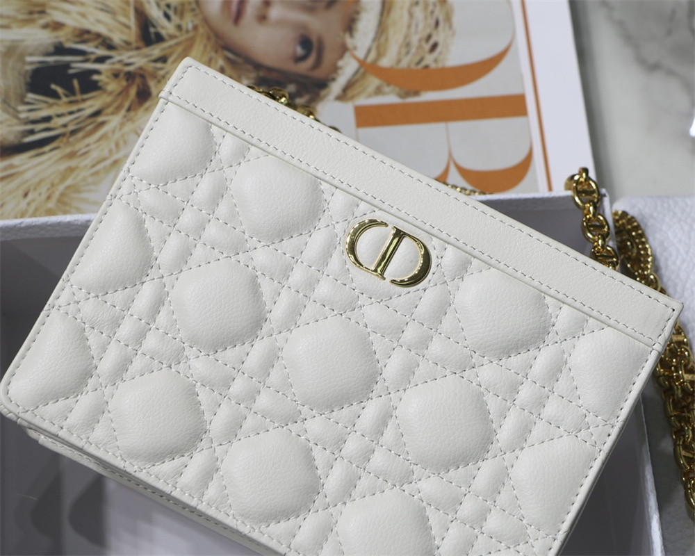 D10r CARO ZIPPED POUCH WITH CHAIN Latte S*pple Cannage Calfskin 19 x 14 x 4.5 cm