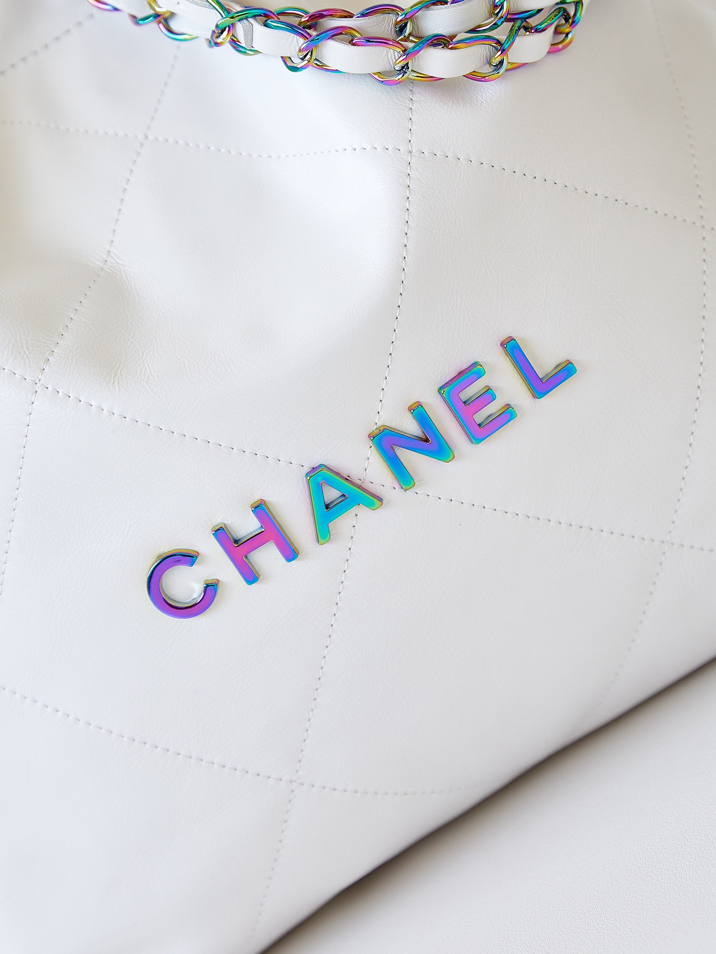 Ch**el 22 SMALL HANDBAG Shiny Calfskin & Rainbow Metal White 13.7×14.4×2.7 in