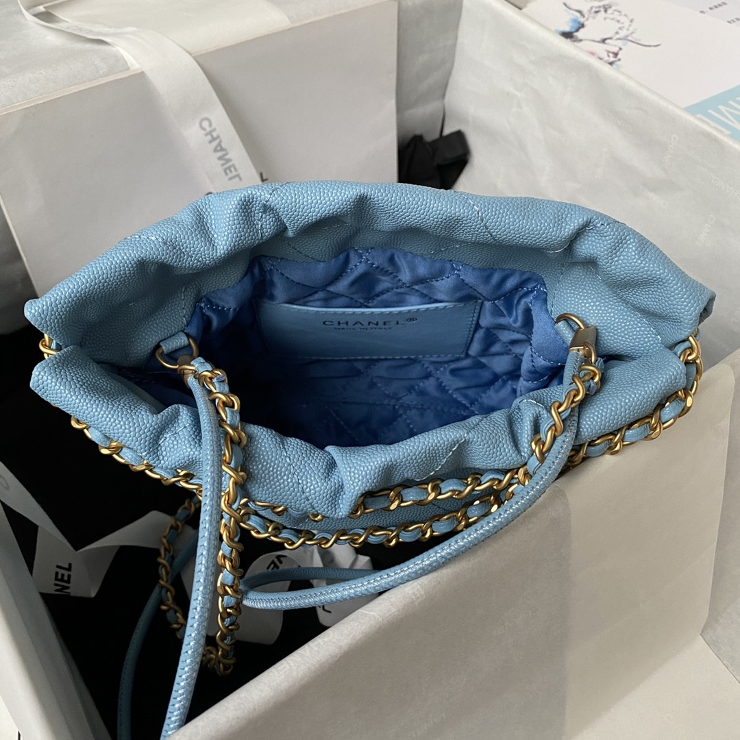Ch**el 22 MINI HANDBAG GRAINED LEATHER BLUE 7.8 × 7.4 × 2.3 in