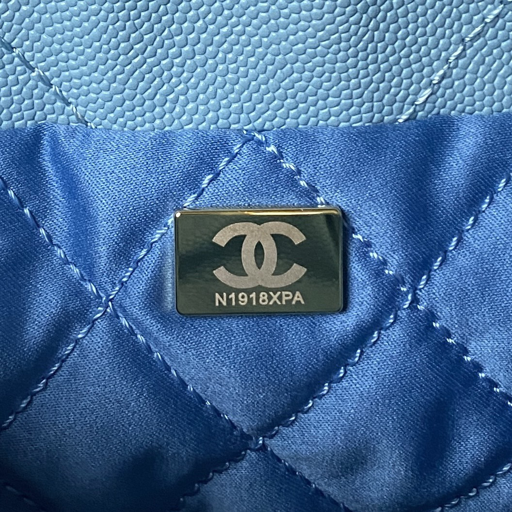 Ch**el 22 MINI HANDBAG GRAINED LEATHER BLUE 7.8 × 7.4 × 2.3 in