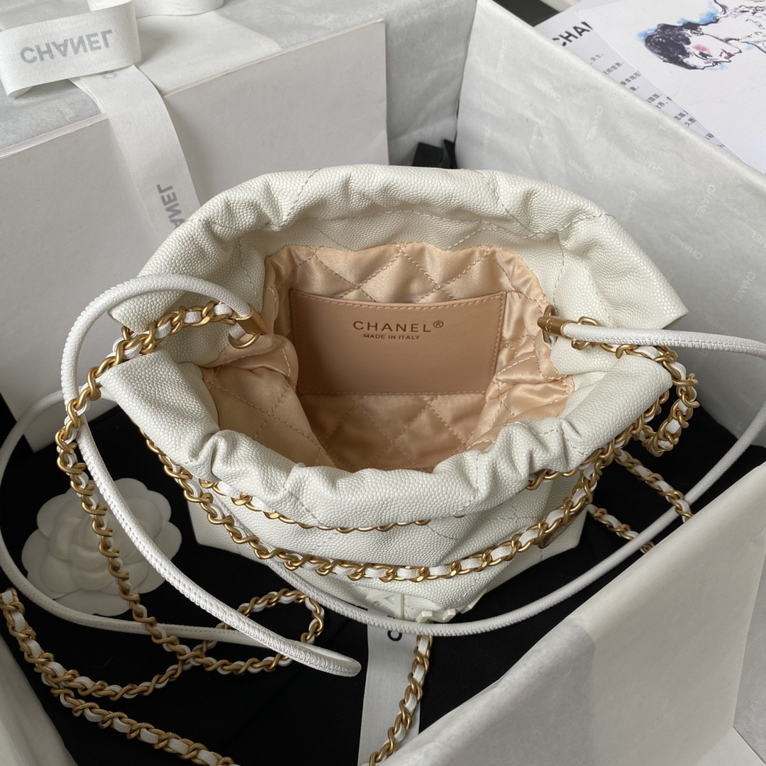 Ch**el 22 MINI HANDBAG GRAINED LEATHER WHITE 7.8 × 7.4 × 2.3 in