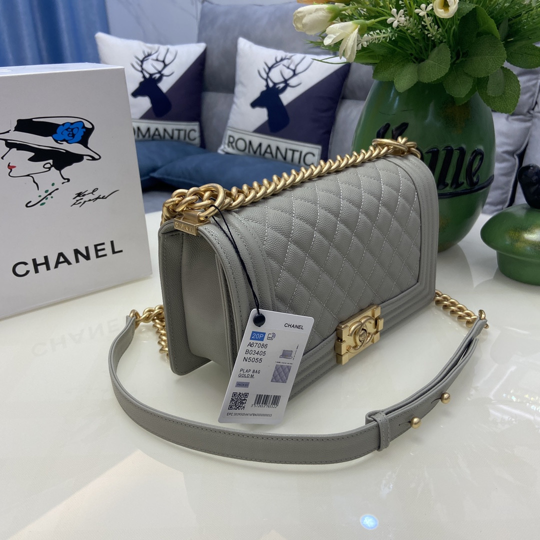 BOY Ch**el HANDBAG Shiny Grained Calfskin & Gold-Tone Metal Gray 5.9 × 9.8 × 3.5 in