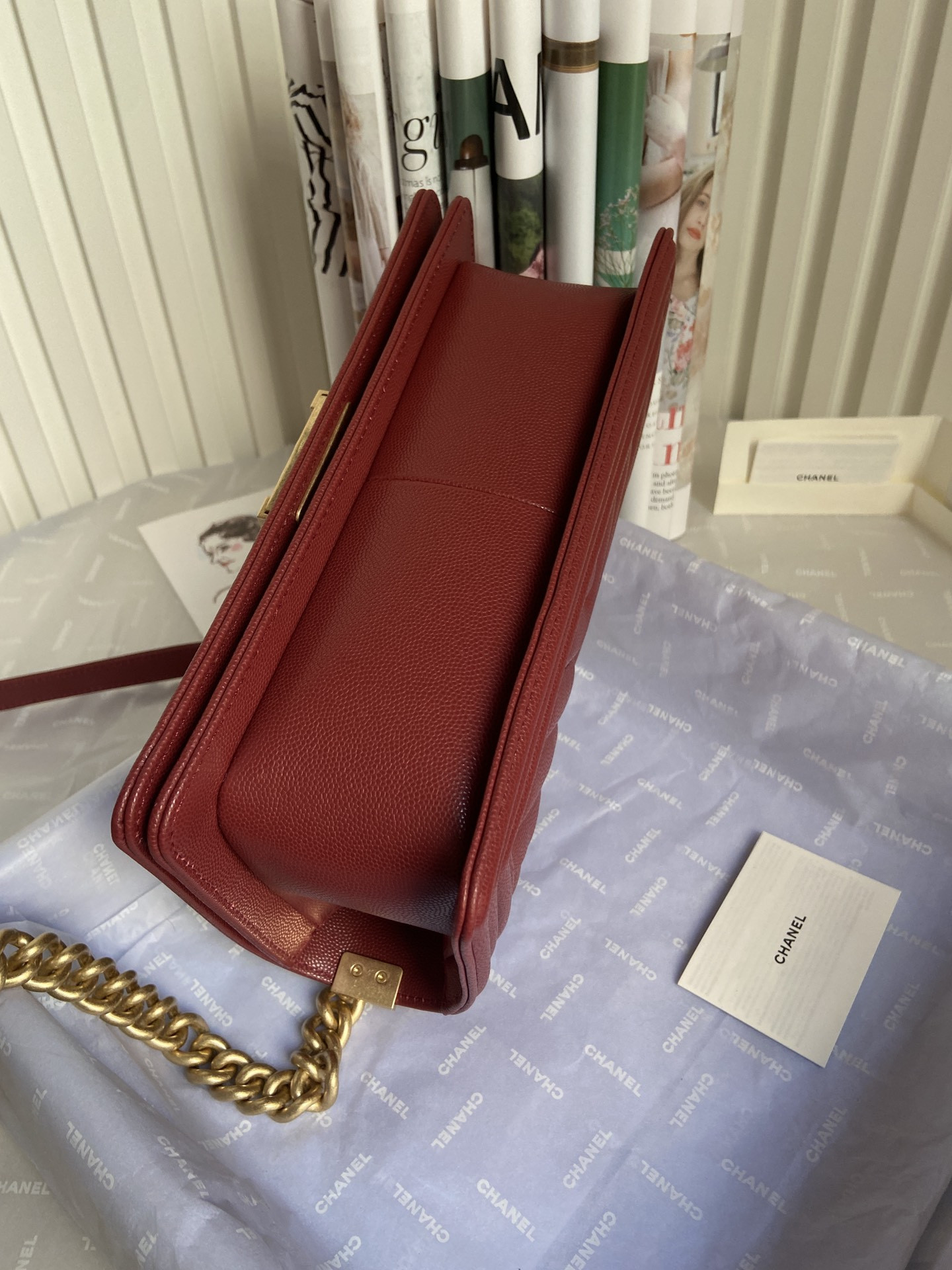 BOY Ch**el HANDBAG Shiny Grained Calfskin & Gold-Tone Metal red 5.9 × 9.8 × 3.5 in