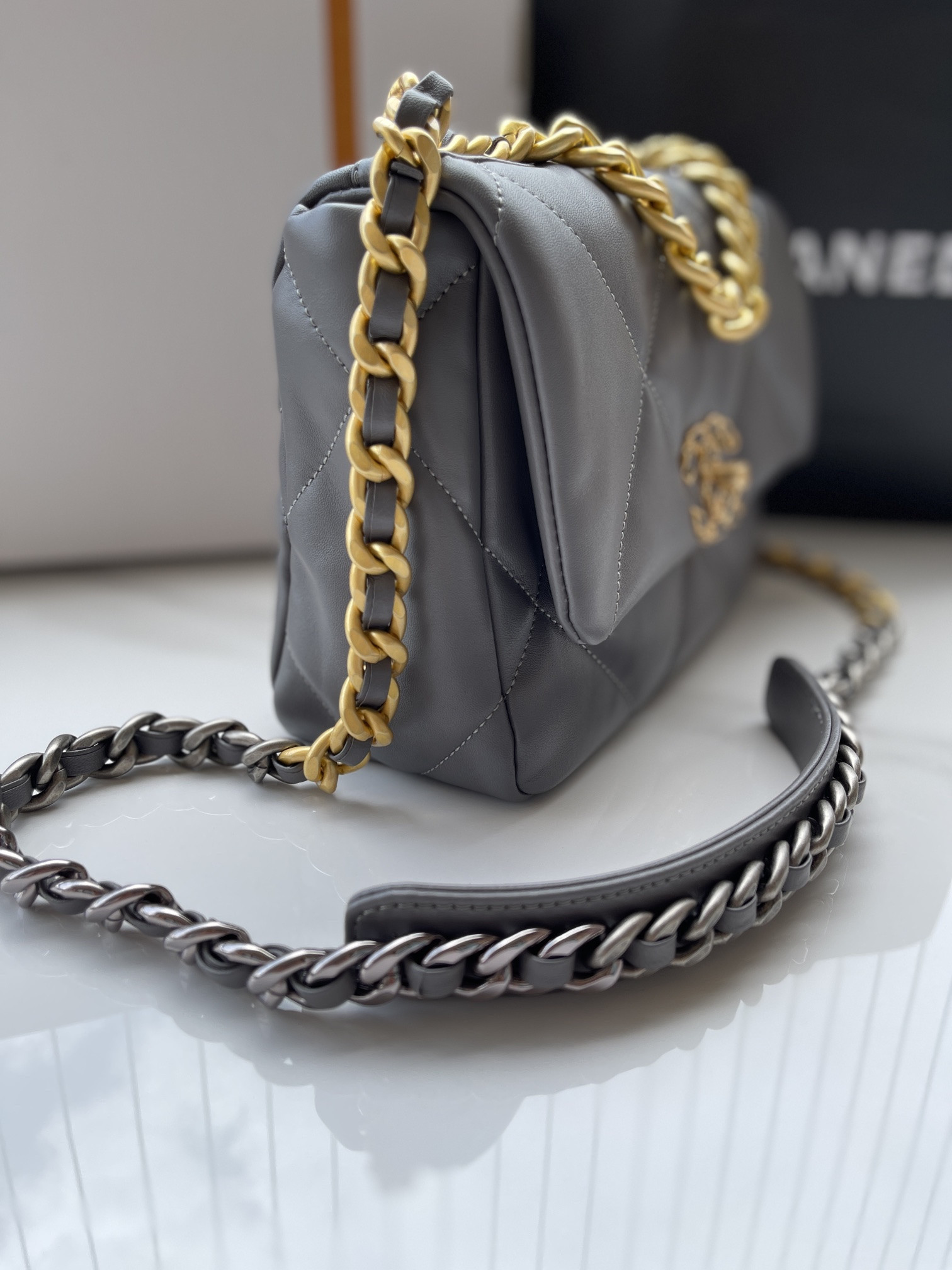 Ch**el 19 HANDBAG Shiny Leather, Gold-Tone, Silver-Tone & Ruthenium-Finish Metal Dark Gray 6.2 × 10.1 × 3.5 in