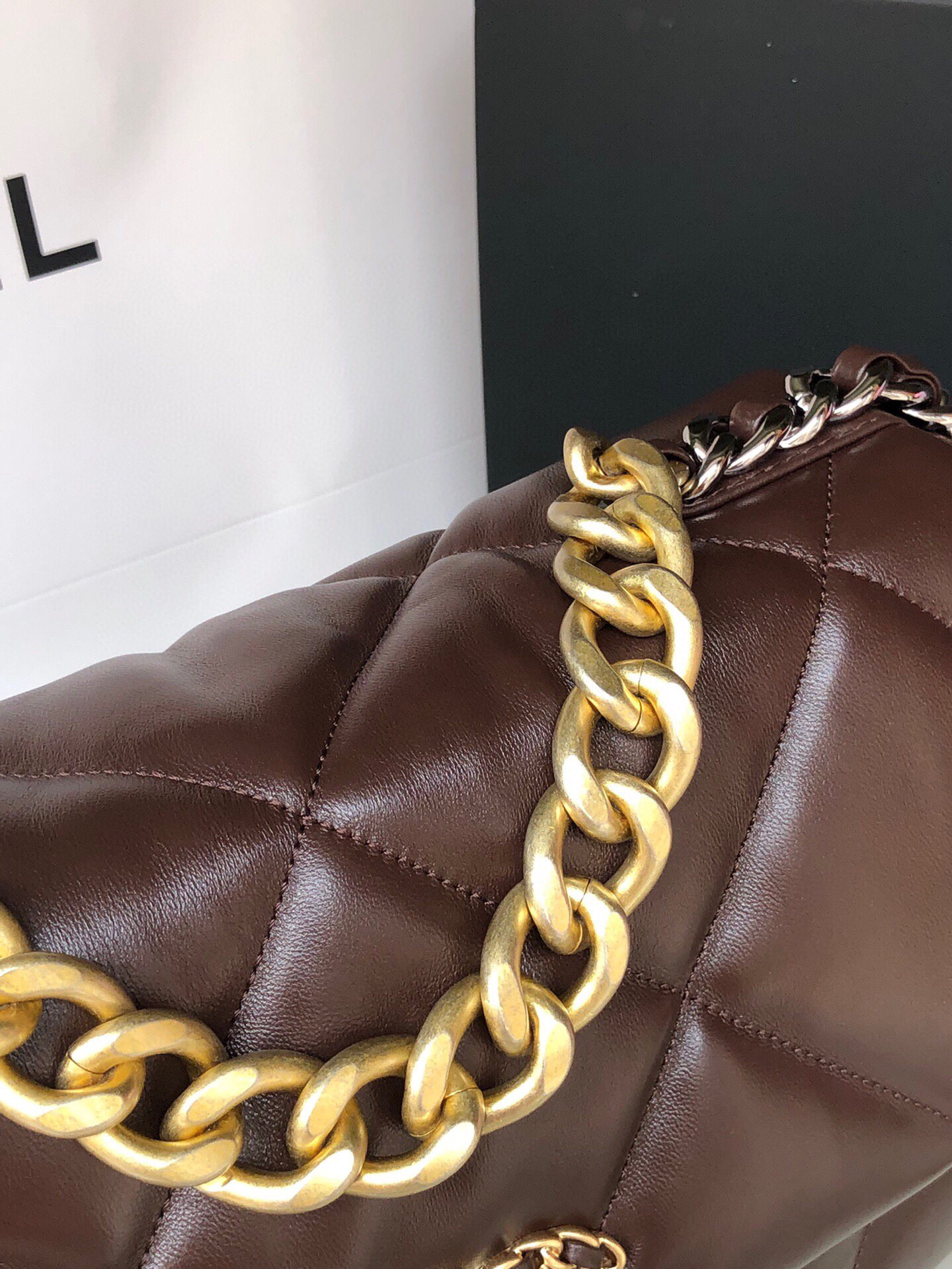 Ch**el 19 LARGE HANDBAG Shiny Leather, Gold-Tone, Silver-Tone & Ruthenium-Finish Metal Brown 7.8 × 11.7 × 3.9 in