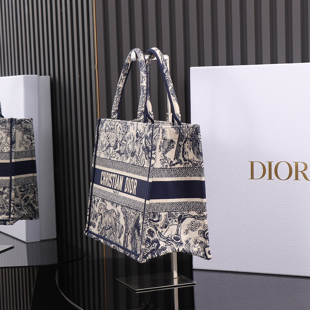 Medium D10r Book Tote Ecru and Blue Toile de Jouy Embroidery 14 x 11 x 6.5 inches