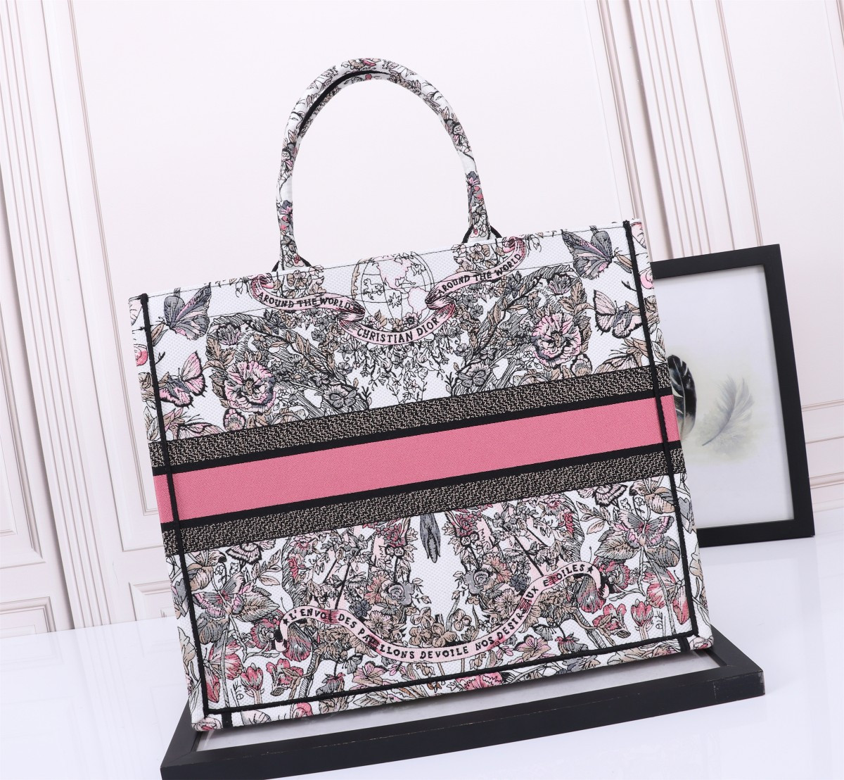 Large D10r BOOK TOTE WHITE AND PASTEL PINK BUTTERFLY AROUND THE WORLD EMBROIDERY 16.5 x 14 x 7.5 inches