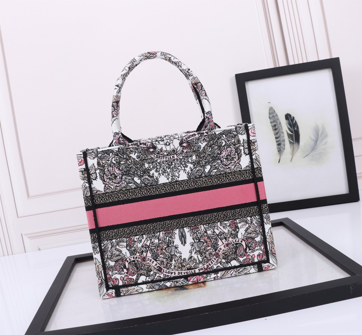 Small D10r BOOK TOTE WHITE AND PASTEL PINK BUTTERFLY AROUND THE WORLD EMBROIDERY 10.5 x 8.5 x 5.5 inches