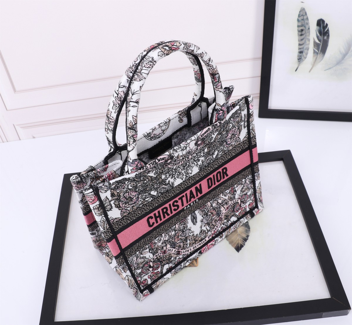 Small D10r BOOK TOTE WHITE AND PASTEL PINK BUTTERFLY AROUND THE WORLD EMBROIDERY 10.5 x 8.5 x 5.5 inches