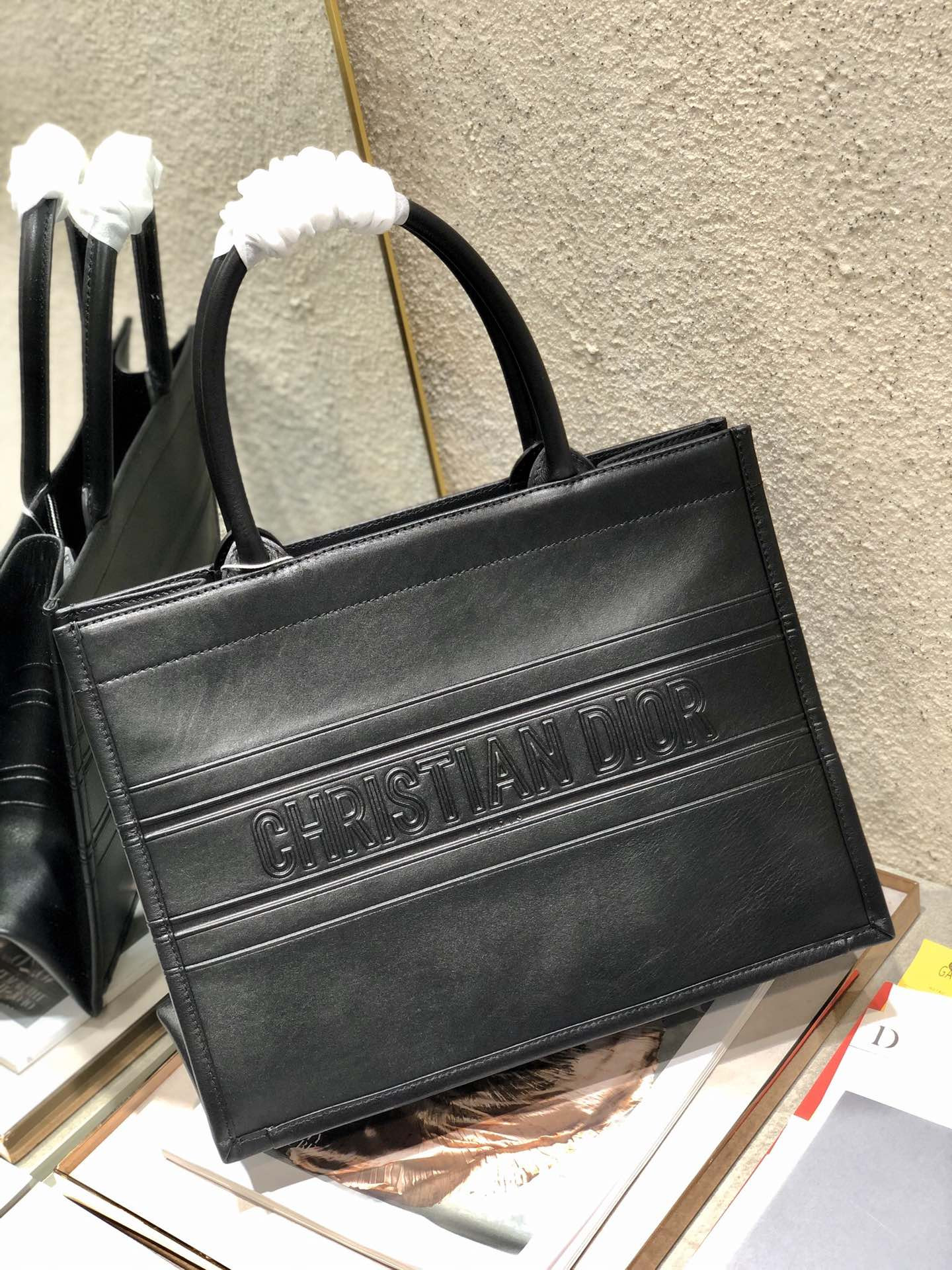 Calfskin Embossed Medium D10r Book Tote Black 14 x 11 x 6.5 inches